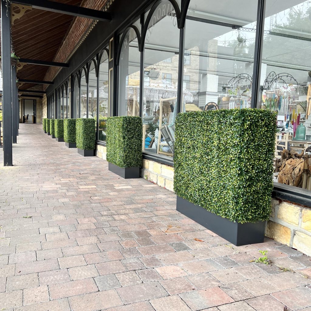 using the pre-made hedges to provide a privacy screen to some of the customers in the shop