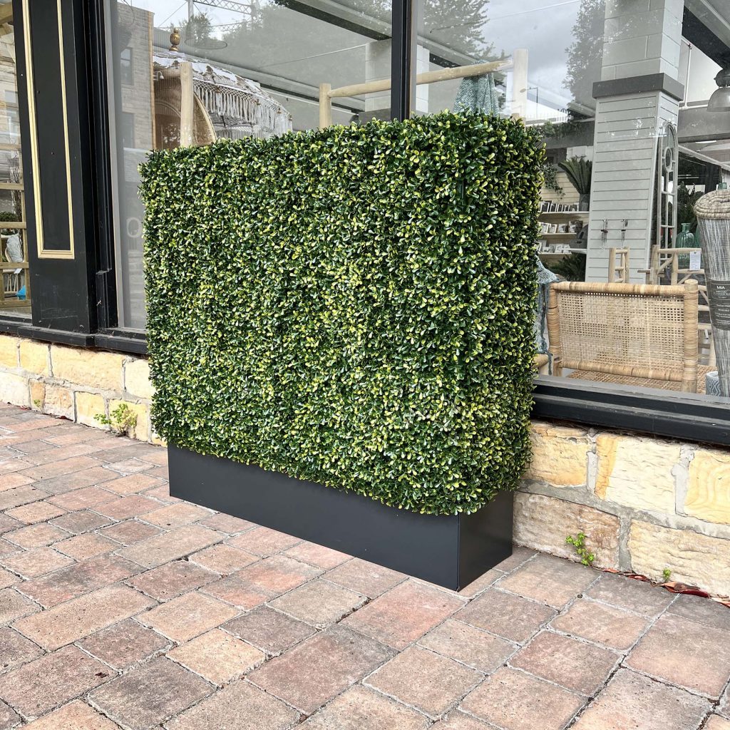 using the pre-made boxwood hedges in a retail store for decoration