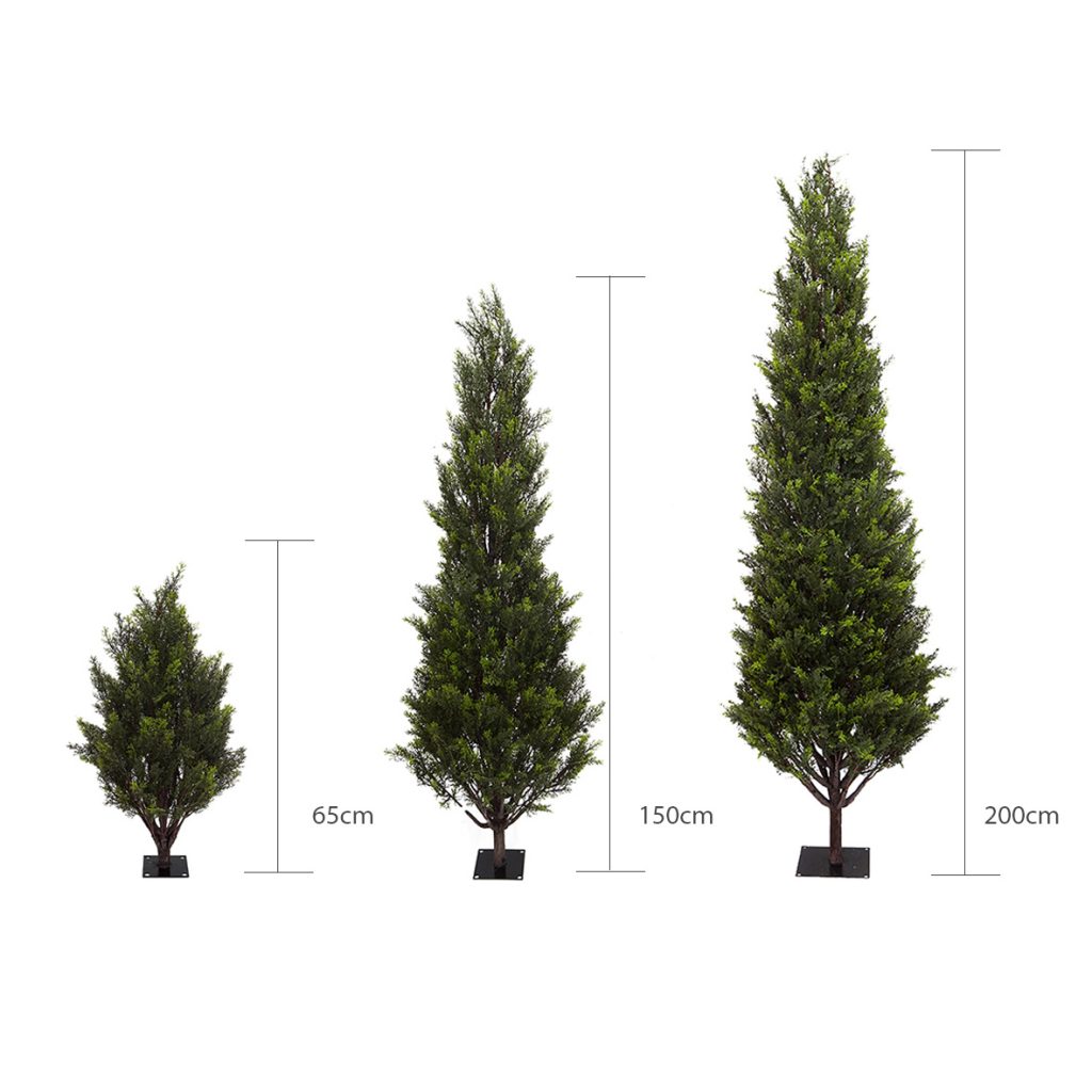 the faux cypress trees come in three sizes making the ideal hedge privacy screening plants 