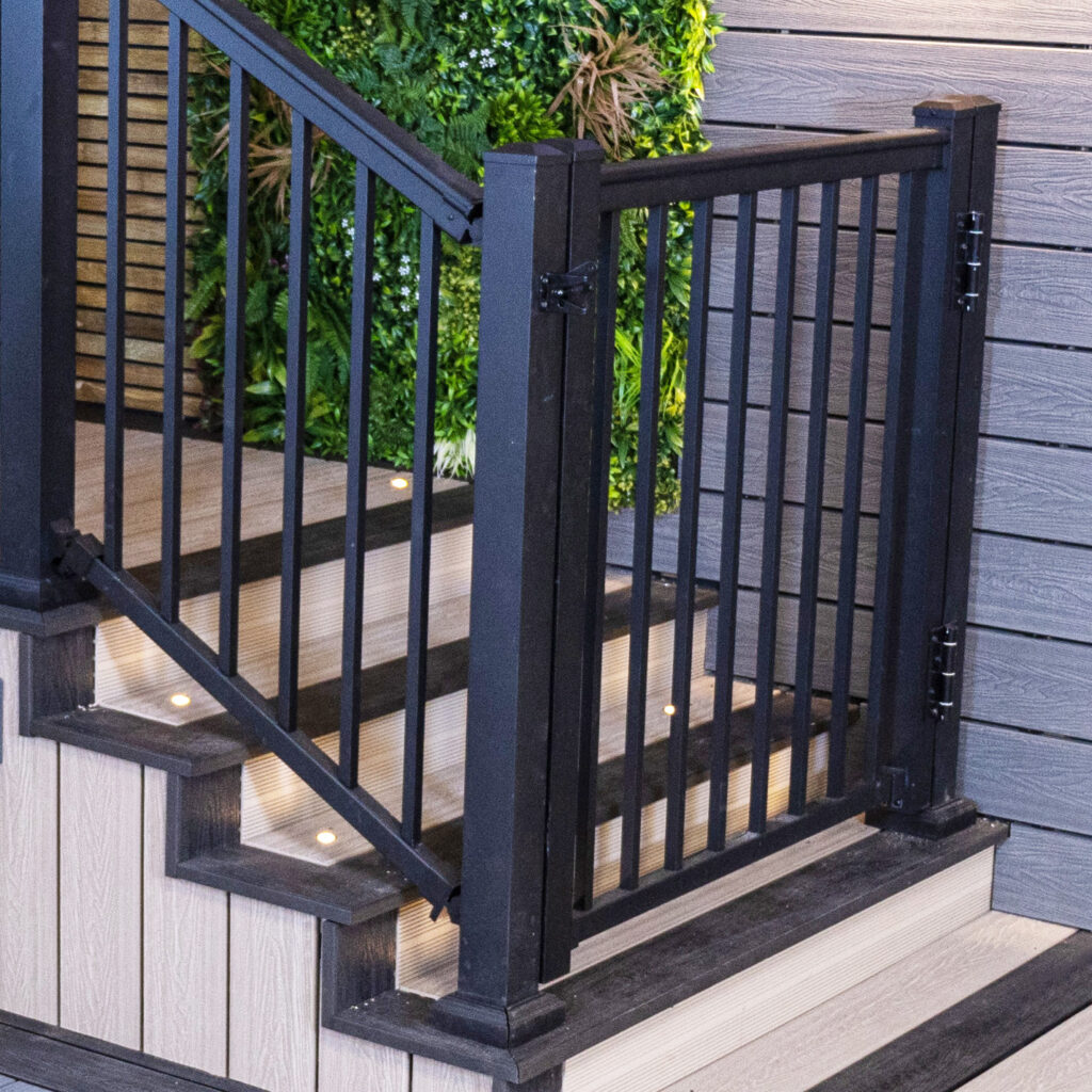 aluminium balustrades for decking featuring a gate